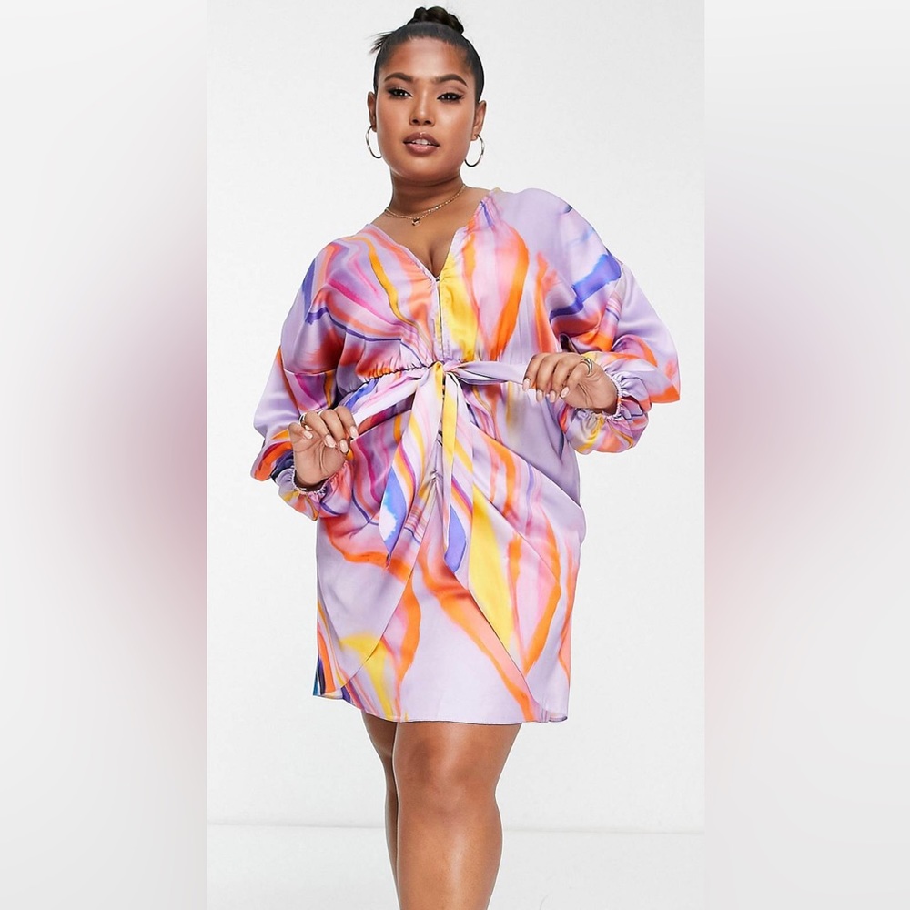 ASOS design curve plunge tie front mink dress in purple marble print.